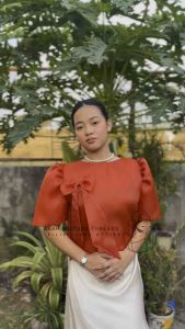 Modern Filipiniana Kimona with puffed sleeves and(Small)detachable ribbon for cultural events and festive occasions.
