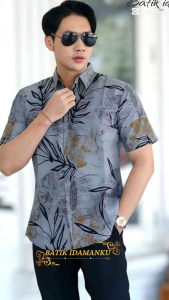 DAUNPECAH abu kemeja batik slimfit pria lengan panjang dan pendek berfuring/ baju atasan pria warna abu formal dan kasual