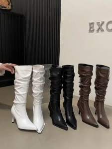 Giày bốt đùi nhún xếp ly cao gót 7-8p - Boots chạm gối mũi nhọn cá tính