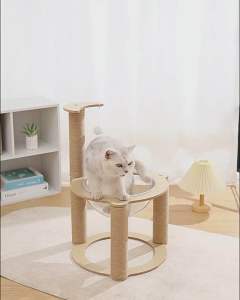 cat climbing frame is designed for self-entertainment play and relaxation. It features a high-quality natural sisal scratching post that is durable and lint-free with a 360-degree high transparency a space capsule-like design a hanging ball a trian