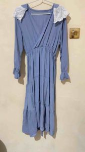 Thrift Preloved Korean Dress Slim fit midi blue kerah renda