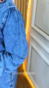 Baju Gamis Jeans Syar i Wanita Terbaru Kondangan Kekinian Snow Blue Premium - Midi Dress Denim Kancing Bahu Lengan Panjang
