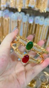 GELANG EMAS CUFF BATU GIOK 2 WARNA GELANG TITANIUM DEWASA ANTI LUNTUR