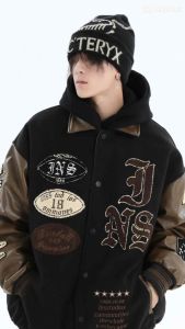 áo khoác bomber varsity áo khoác bóng chày chất dạ phối tay da hình thêu xù áo khoác bomber phối tay da