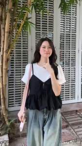 Set áo kiểu nữ chất Đũi - Áo tay bồng phối Áo yếm form bí hai dây thắt nơ trước