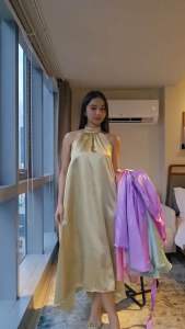Aurora Silk Satin Halter Maxi Dress Gown Gartered Back Flowy & Elegant Free Size