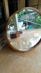 Cermin Bulat Kayu Jati 60 cm / Cermin Kayu Bulat Estetik / Cermin Bulat Tempel Dinding