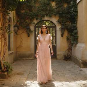 Blush Pink Embroidered Lace A-Line Evening Gown | Elegant Formal Dress | Small & Medium | US Imported