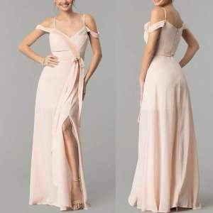 Soft Peach Pink Elegant Long Gown | Off Shoulder Chiffon Wrap Style | Small | US Imported