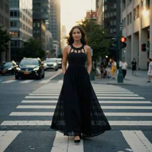 Black Beaded Neckline Long Evening Gown | Flowing Chiffon Skirt | Small | US Imported