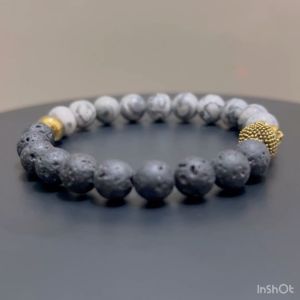 CW Manila - Buddha Stretch Bracelet- 8mm Map Jasper and Lava Stone - Semi-precious Stretch Bracelets - Protection Good Luck Prosperity