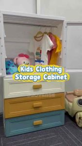 Foldable Wardrobe with Colourful Door Drawer Clothes Cabinet Almari Baju Baby Children Adult 70 cm wide 137 cm tall 40 cm deep white top beige drawer orange drawer blue drawer