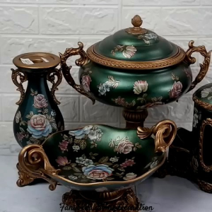 Pajangan Meja Toples Vas Bunga Polyresin Klasik Antik Guci Hijau Biru Emas Motif Bunga Porselen Dekorasi Rumah