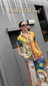 🔖Mirrorsister 50806.1 Set เสื้อเชิ้ตแขนสั้นแมทช์กับกางเกงขายาวทรงหลวม ลวดลายเก๋ เนื้อผ้าพริ้วใส่สบาย ระบายอากาศดี