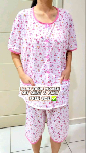 Women Baju Tidur Milk Silky Pyjamas Short Sleeve Short Pant Sleepwear Free Size.