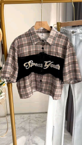 ●ECLAIRE● 043 Kemeja Crop Katun Kombinasi Jeans Kotak square Geometris Kasual Casual Korea Mode Modis Import 6390