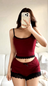 Lace Terno Plain & Animal Prints - Freesize up to Semi Large. Leopard print camisole and shorts set with lace trim. Suitable for casual wear. Ideal for home or relaxed outings.