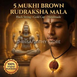 5 Mukhi Brown Rudraksha Mala Black String Gold Cap Handmade Copper Wire Original Shiv Necklace