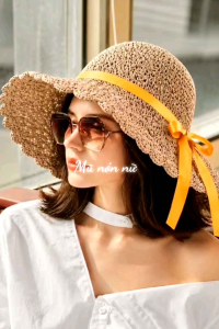 Mũ nón cói đi biển gấp gọn Cori phối dây nơ cam