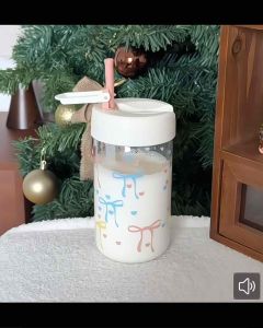 แก้วน้ำน่ารัก หลอดพับเก็บได้ แก้วน้ำพกพา สกรีนลายโบว์ 500 ml พร้อมส่ง