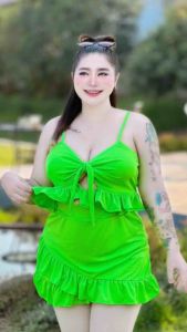 ชุดว่ายน้ำแฟชั่นสาวอวบ เซ็ต2ชิ้นสายเดี่ยวผูกโบว์ระบาย+กางเกงกระโปรงแต่งระบาย