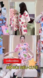 đồ bộ mặc nhà đồ bộ đùi hoạ tiết dễ thương chất tăm lạnh Hàn in 3D