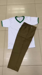 2-in-1 Type B Bsp Scouting Uniform Terno Pants Green with White V-neck T-shirt. Size chart provided.