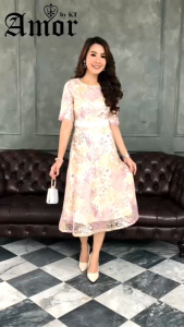 SML ลูกไม้ทอเงางาม เนื้อผ้าสั่งพิเศษเกรด "Premium ชุดออกงาน ชุดไปงาน ชุดไปวัด ทำบุญ แฟนนาค งานบุญ งานบวช amor #512