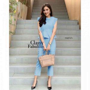 11027 Set 2 ชิ้น เสื้อแขนกุดชายระบายผ้าซาร่า แต่งคลุมผ้าแก้วออแกรนิค + กางเกงขายาว