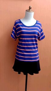 atasan kaos wanita biru ungu salur pink FOREVER 21 cewek M lengan pendek blouse santai