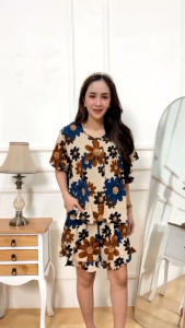 Setelan Wanita Celana Pendek Motiv Bunga Kamboja Oneset Baju tidur
