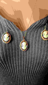 Victorian Cameo Lady Gold Plated Black Pendant Prongset Jewelry Set Earrings and Necklace