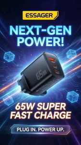 ESSAGER 65W GaN Travel Charger 2C-A - Compact Powerful Charges 3 Devices Fast 12 Months Warranty