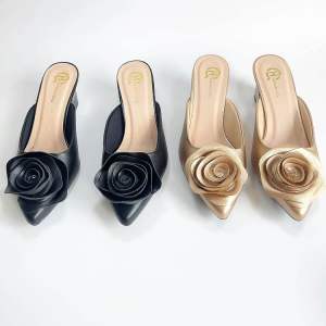 Giày sục hoa Hồng may lên quai gót mạ vàng cao 6cm