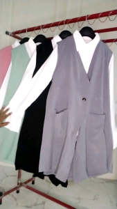 Fashion Wanita Setelan Rompi Vest Buntung Panjang Polos Ikat Plus Kemeja Putih Monalisa