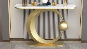 Kệ đứng bàn console trang trí phòng khách cạnh cửa nhà mặt đá vát cạnh với chân kim loại hình mặt trăng BC-34