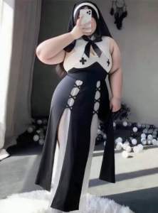 ชุดคอสเพลย์สาวโบว์ดำสุดเย้ายวน ชุดแม่ชี สาวอวบอ้วน