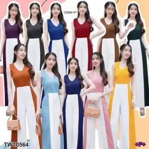 10564 Jumpsuit จั้มสูทแขนกุดขายาว ผ้าซาร่า ช่วงกางเกงเป็นลายทูโทน มีซิปหลัง