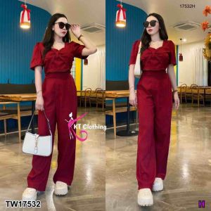 17532 Set 2 ชิ้น เสื้อทรงครอปอกแต่งโบว์ + กางเกงขายาวชุดทำงาน ออกงาน ชุดเที่ยวเก๋ๆๆ