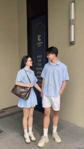 Set đồ đôi caro sọc xanh trắng áo chân váy nữ phối ren duyên dáng