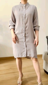 ●ECLAIRE● 063 Dress Mini Crepe Lengan Panjang Longsleeves Back-knotted Oneck Grayish Kasual Casual Korea Mode Modis ssx