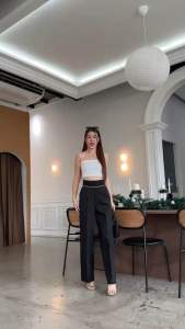 New กางเกงขากระบอกกลาง แต่งขอบกุ้น ผ้าสลาฟซิปข้าง ขอบเอว 2.5