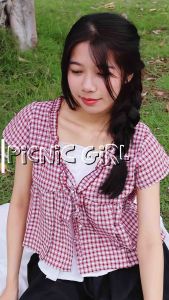 Áo kiểu nữ babydoll chất Đũi - Thiết kế họa tiết caro hai lớp tay hến cổ V phối bèo thắt dây nơ