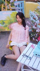 Áo kiểu nữ babydoll mùa hè retro cổ bèo cúc cài hoạ tiết hoa nổi tay búp bo chun xinh xắn