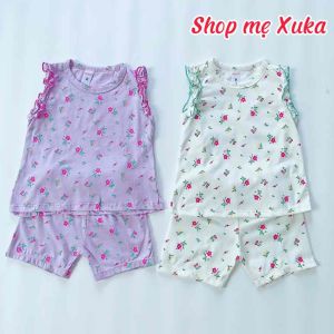 Đồ bộ sát nách bèo vai bé gái in hoa chất cotton xuất khẩu