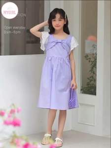 7-15 Years Old Purple Lavender Girl Dress Children Fashion Short-Sleeved Dress Solid Color Girl Kids Fashion Clothes