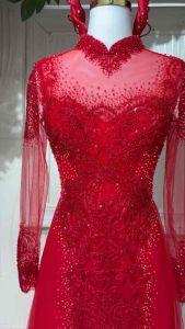 ÁO DÀI NỮ LỤA ĐỎ PHỐI REN ĐÍNH HẠT PHA LÊ CAO CẤP CÓ ĐUÔI XOÈ MẶC ĐI TIỆC CƯỚI HỎI