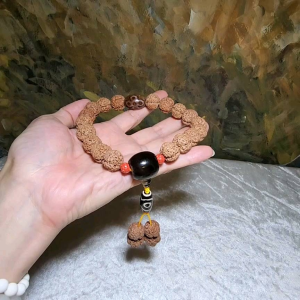Gegegems rare XS Nepal large species Rudraksha "Panlong high back" Double Dragons 4 Mukhi with Tibetan Xang Xung red spots Lightning 5 Eyes Dzi Cinnabar carved coins 3 Eyes Dzi 18 beads mala handheld 罕见小尺寸尼泊尔四瓣大金刚菩提双龙高脊盘龙配象雄满朱砂闪电五眼达洛天珠帝皇砂古钱珠三眼天珠藏式三通十八子手持