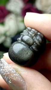 Silver Obsidian Crystal Stone Pixiu beads for bracelet extension bead 亮光眼猫眼招财银曜石貔貅通孔