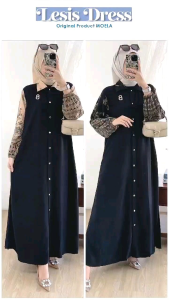 LESIS DRESS BY MOELA GAMIS BLACK SERIES POLOS MODEL FULL KANCING BAJU MUSLIM WANITA CASUAL MODEL KEKINIAN GAMIS POLOS LENGAN PANJANG